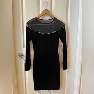 H&M Black Long-Sleeve Dress with Sheer Yoke and Stud Trim